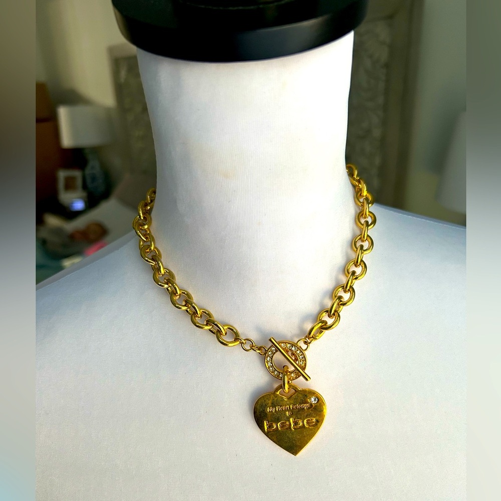 RARE Bebe GOLD Charm Chain My Heart Belongs to Bebe Rhinestone Logo Necklace NWT
